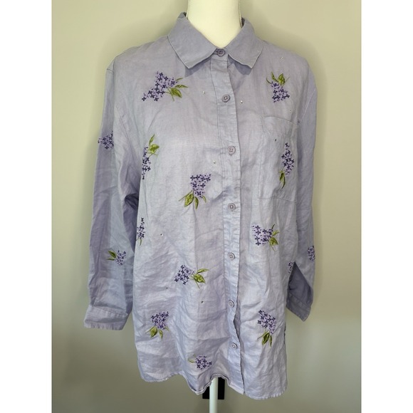 Quacker Factory Tops - Quacker Factory Lavender Lilac Embroidered Button-Up Shirt Size Large